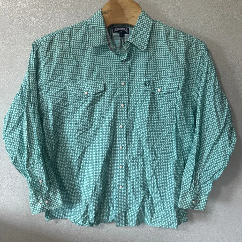 Panhandle Western Pearl Snap Shirt Turquoise Geometric Print Long Sleeve Mens XL